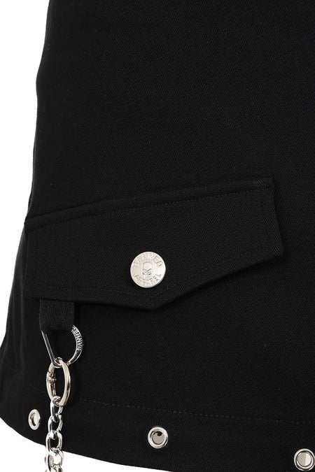 Close-up of the Gothic Cargo Skirt featuring a utility pocket and silver D-ring details.