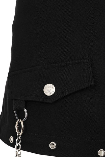Close-up of the Gothic Cargo Skirt featuring a utility pocket and silver D-ring details.