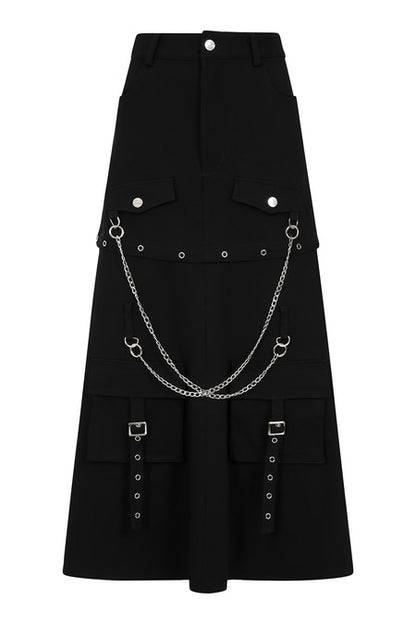 Gothic Cargo Skirt featuring utility pockets, chain, and zip-off design, perfect for punk style outfits.