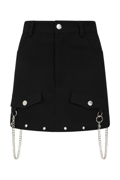 Gothic Cargo Skirt black zip off with utility pockets and chains for punk style fashion from Banned Apparel.