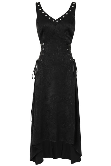 Gothic High Low Dress Black Asymmetric Banned Apparel featuring studded straps and lace-up details.