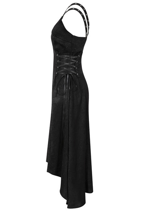 Gothic High Low Dress Black Asymmetric Banned Apparel featuring studded straps and lace-up sides.