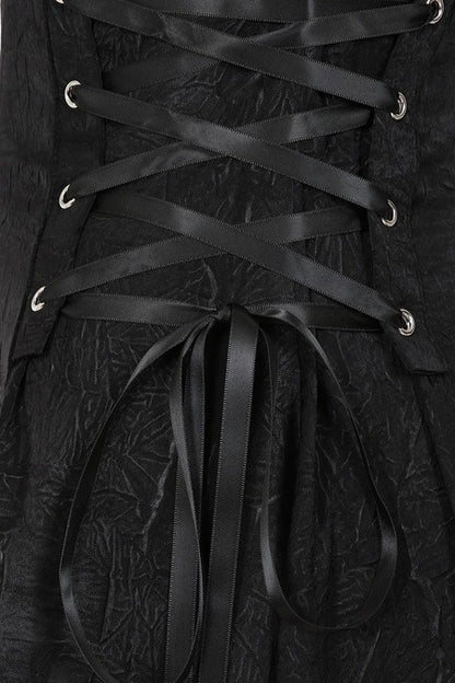 Gothic High Low Dress black lace-up back detail with satin ribbons by Banned Apparel.