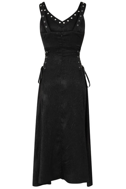 Gothic High Low Dress Black Asymmetric Banned Apparel featuring studded straps and lace-up sides.