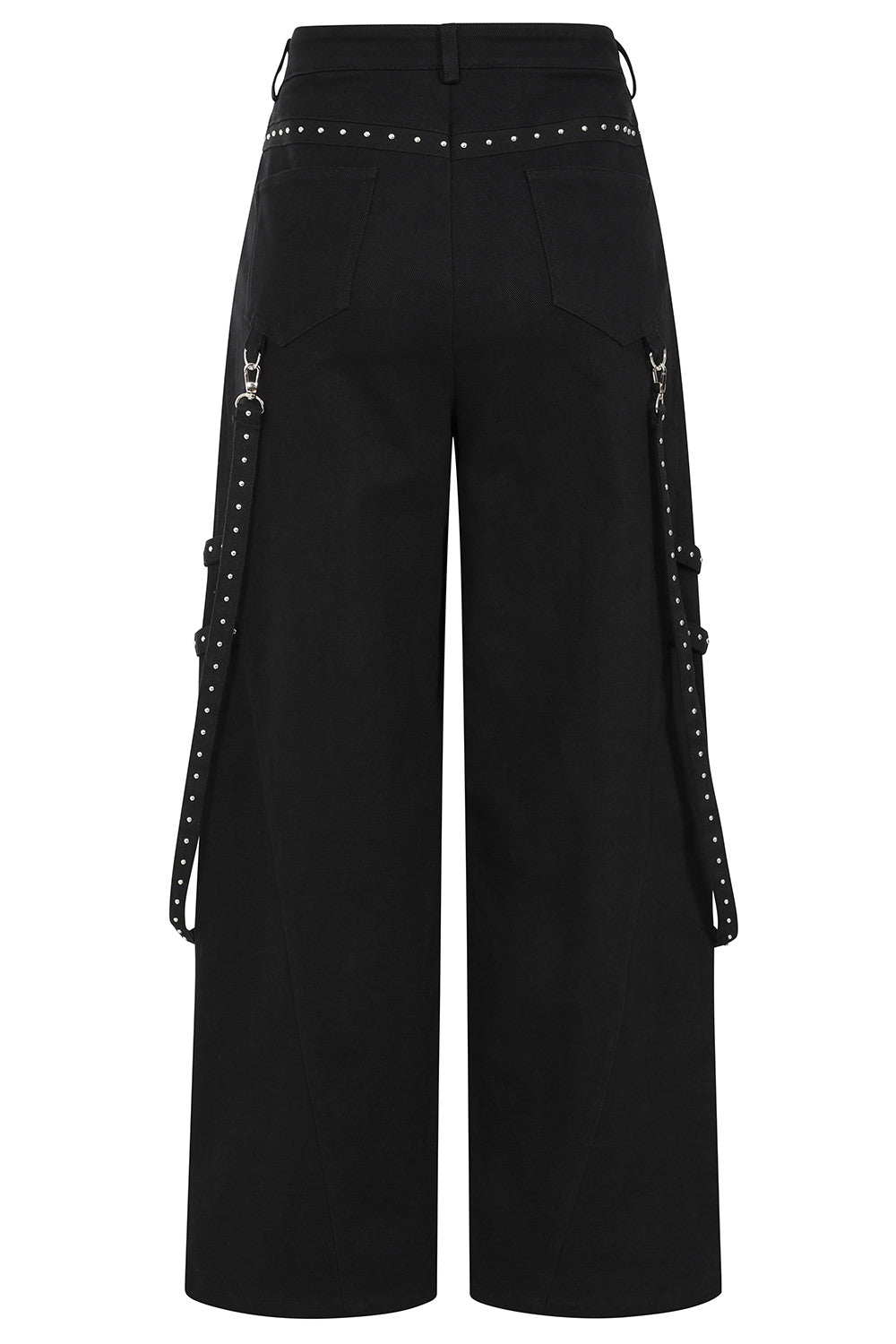 Banned Apparel Hangfire wide leg black alt trousers, cargo style with straps and metal hardware back view