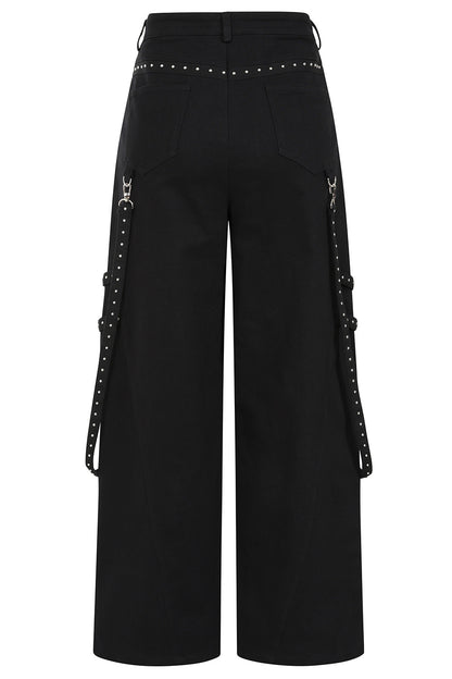 Banned Apparel Hangfire wide leg black alt trousers, cargo style with straps and metal hardware back view