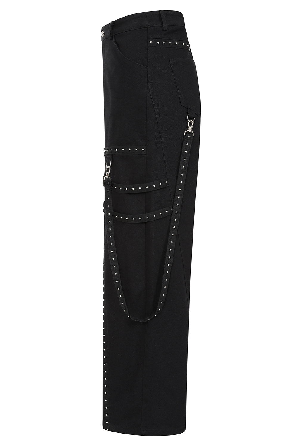 Banned Apparel Hangfire wide leg black alt trousers, cargo style with straps and metal hardware side view