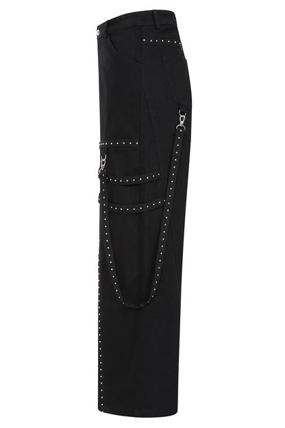 Banned Apparel Hangfire wide leg black alt trousers, cargo style with straps and metal hardware side view