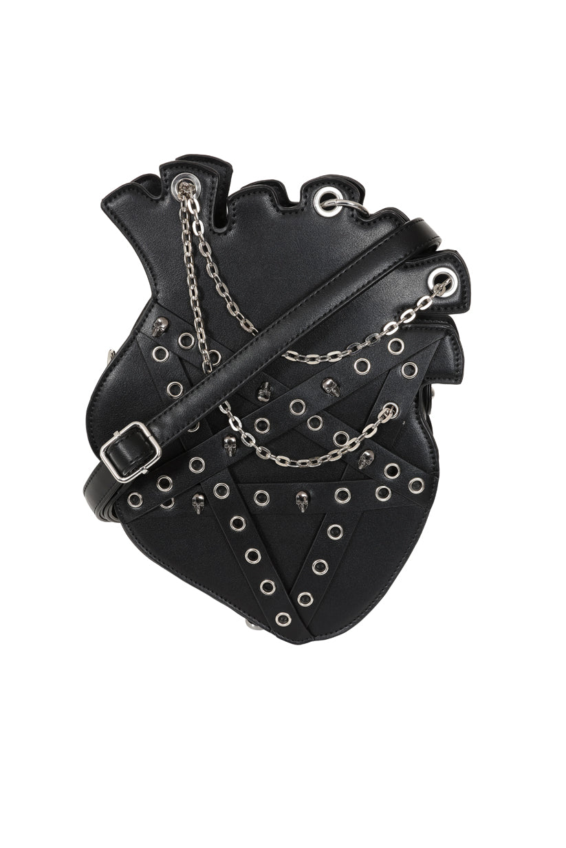 Banned Apparel Heartbreaker Harness Anatomical Heart Backpack front view showing  a strap