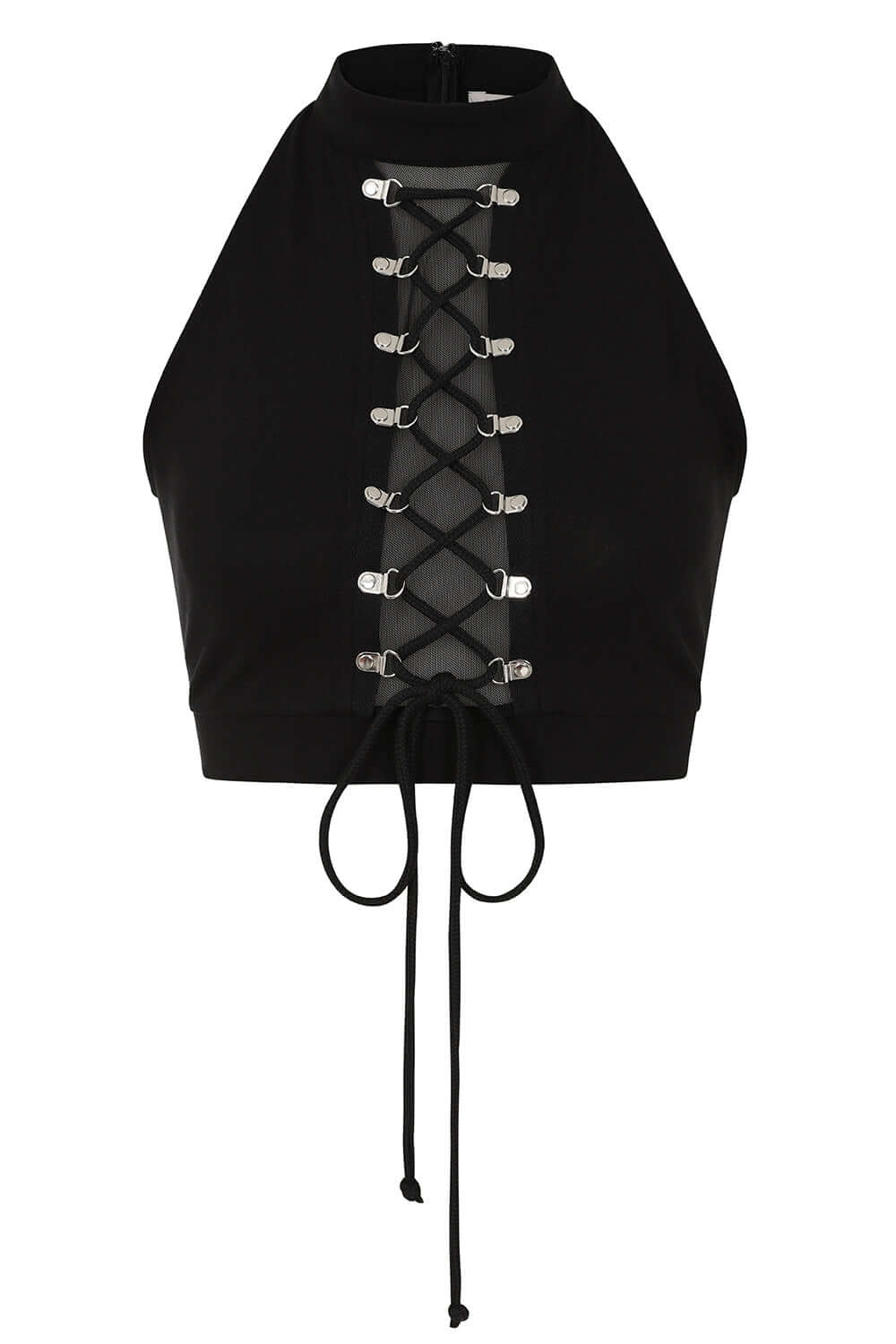 Banned Apparel Isolde top gothic halter lace-up front silver eyelets sheer mesh