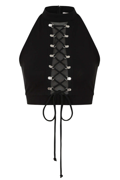 Banned Apparel Isolde top gothic halter lace-up front silver eyelets sheer mesh