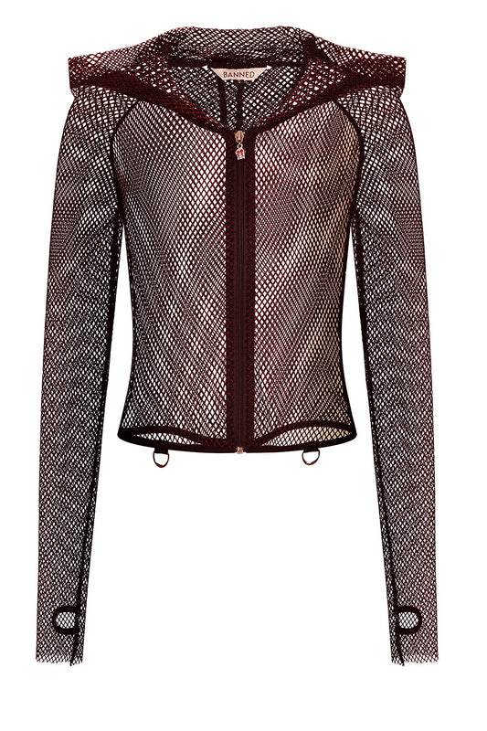 Banned Apparel Liora Red Metallic Fishnet Hoodie with thumbholes