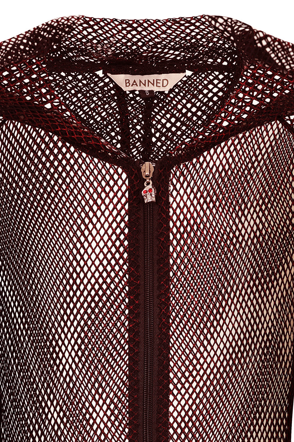 Banned Apparel Liora Red Metallic Fishnet Hoodie Close up of the skull zip pull
