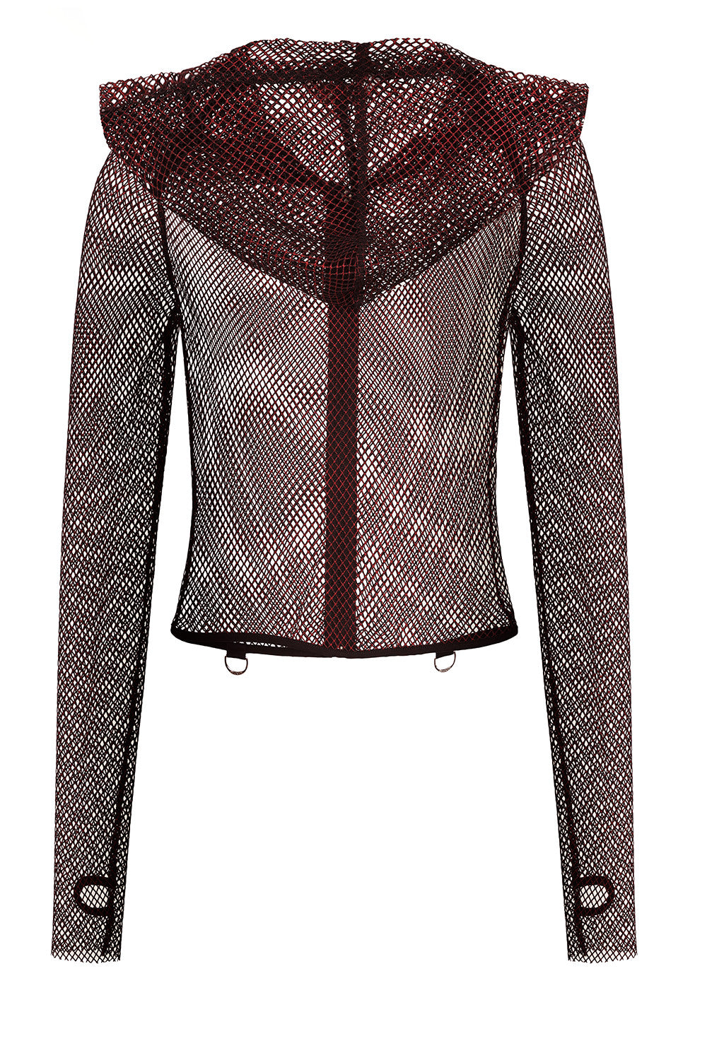 Banned Apparel Liora Red Metallic Fishnet Hoodie back view