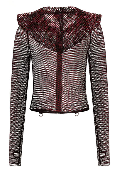 Banned Apparel Liora Red Metallic Fishnet Hoodie back view