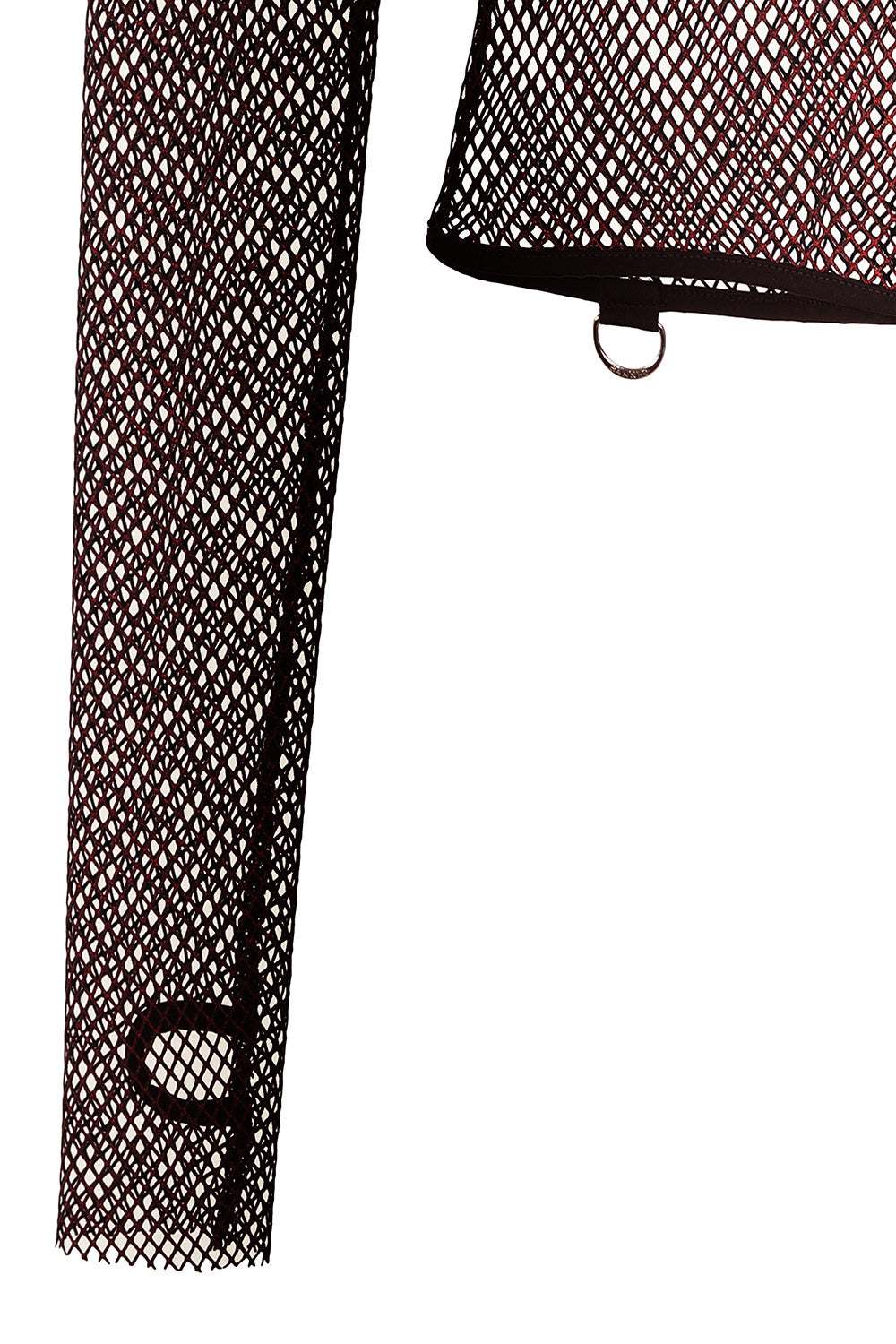 Banned Apparel Liora Red Metallic Fishnet Hoodie close up of the thumb holes