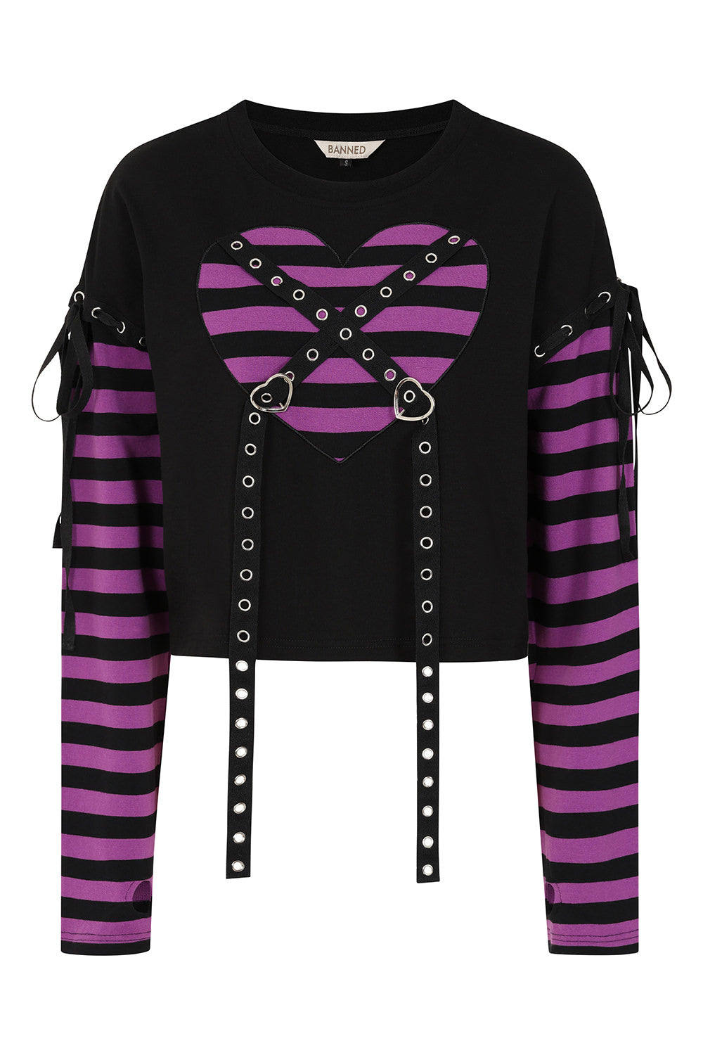 Banned Apparel My Heart Hacker Kawaii Goth Top in black with purple striped panels