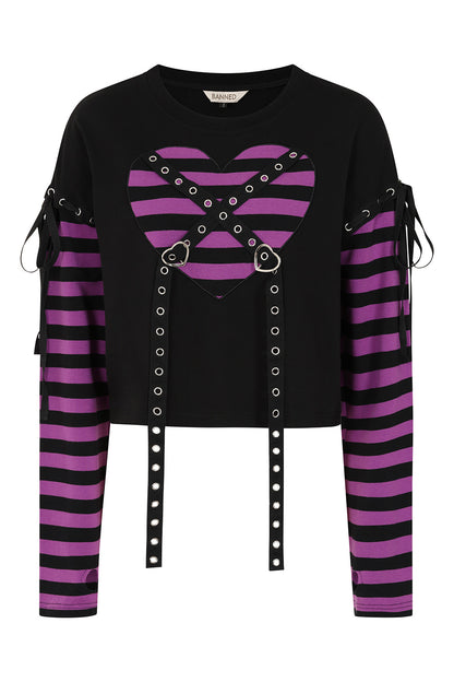 Banned Apparel My Heart Hacker Kawaii Goth Top in black with purple striped panels