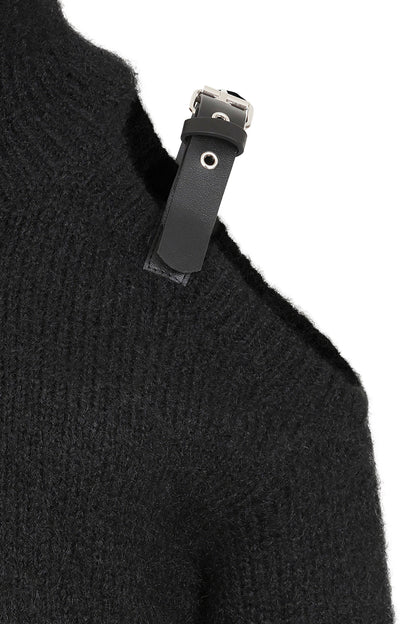 Banned Apparel Nocturne Bind Cold Shoulder Goth Jumper closeup of the cut out shoulder and feature strap