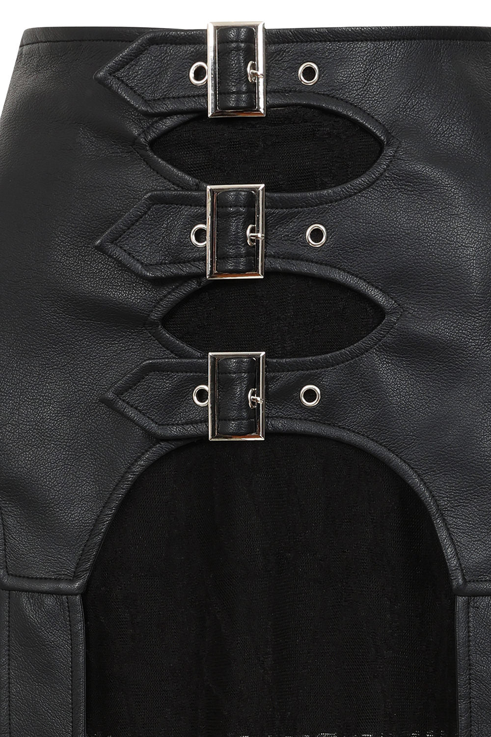 Banned Apparel Velkyn Faux Leather & Knit Panel Skirt in Black buckles closeup