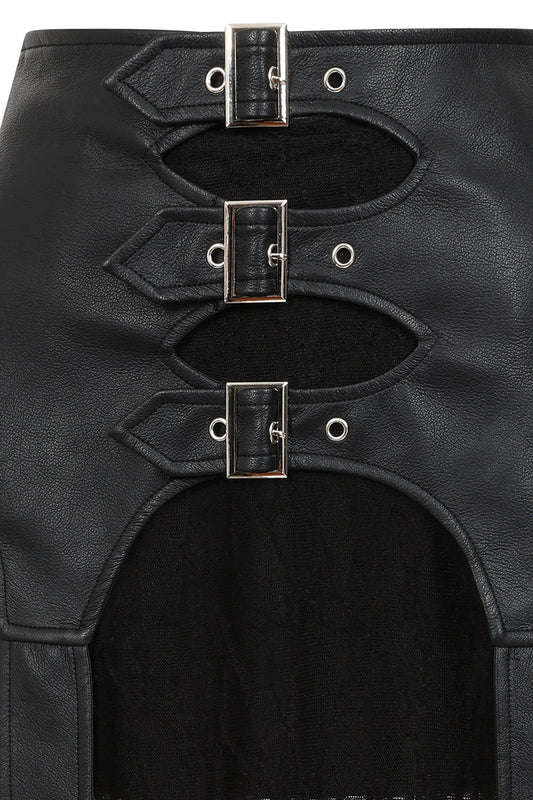 Banned Apparel Velkyn Faux Leather & Knit Panel Skirt in Black buckles closeup