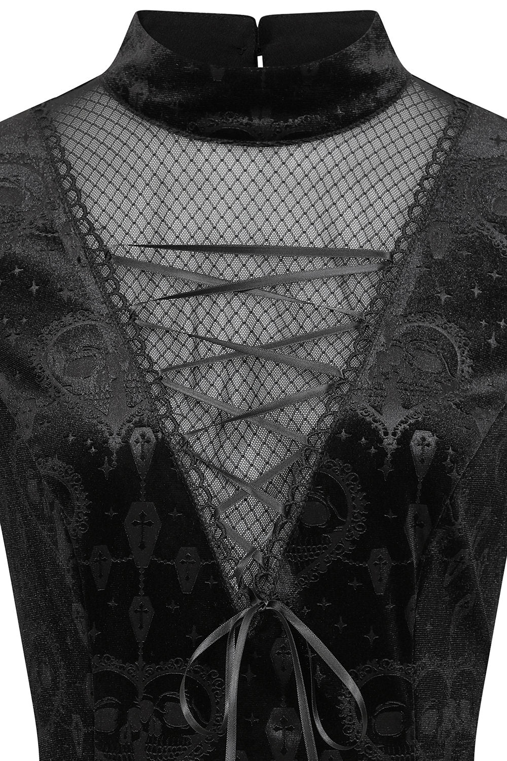 Close-up of Banned Lucinda dress lace detail - Victorian gothic pattern work
