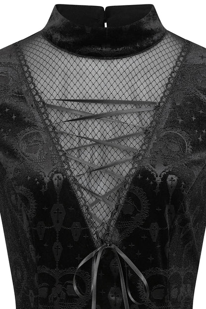 Close-up of Banned Lucinda dress lace detail - Victorian gothic pattern work
