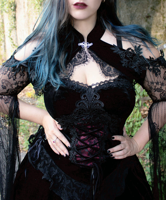 Angelineva_ wearing Dark in Love Gothic Velvet Corset Top closeup