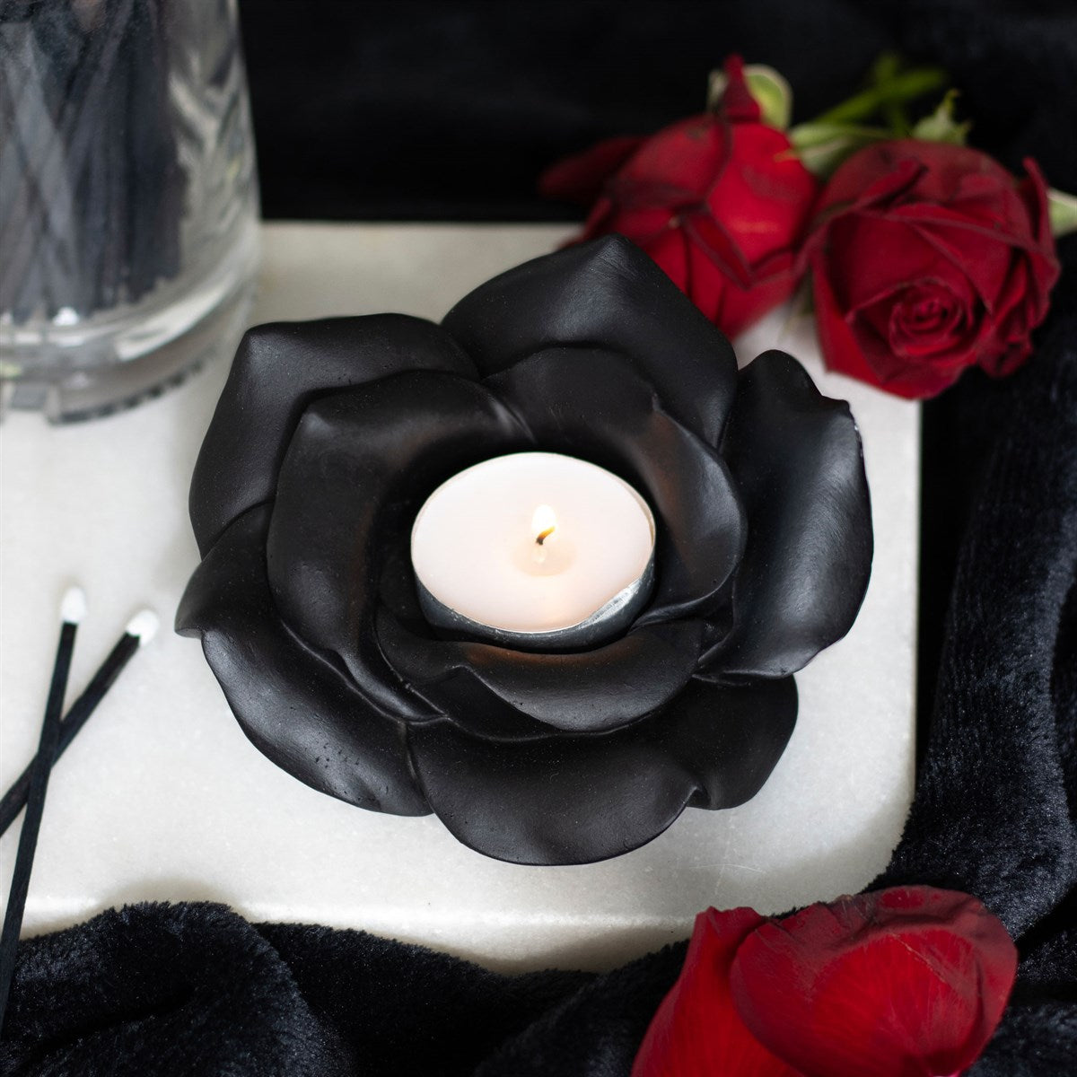 Gothic Gifts Black Rose Resin Tealight Holder - Kate's Clothing