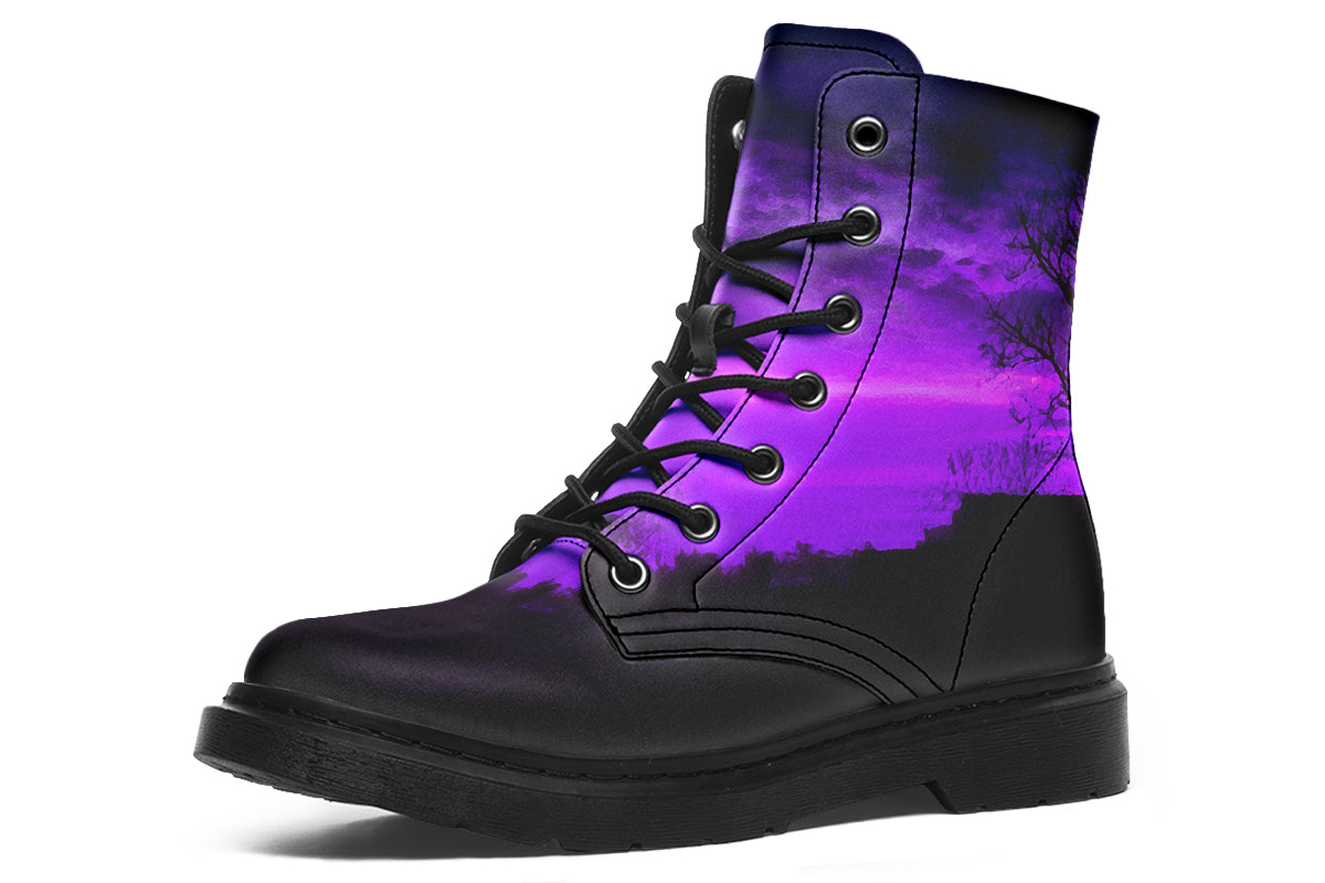 Black boot with a purple and black gradient design on a white background