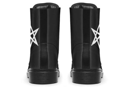 Black boots with white star designs on a white background