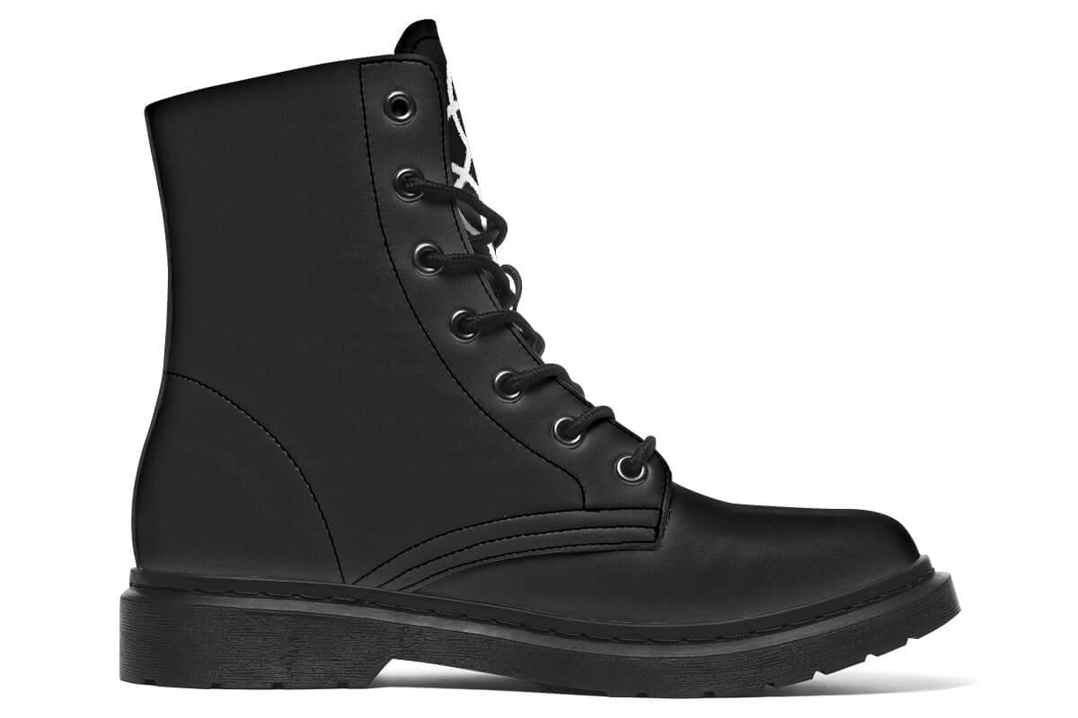 Black leather boot with laces on a white background