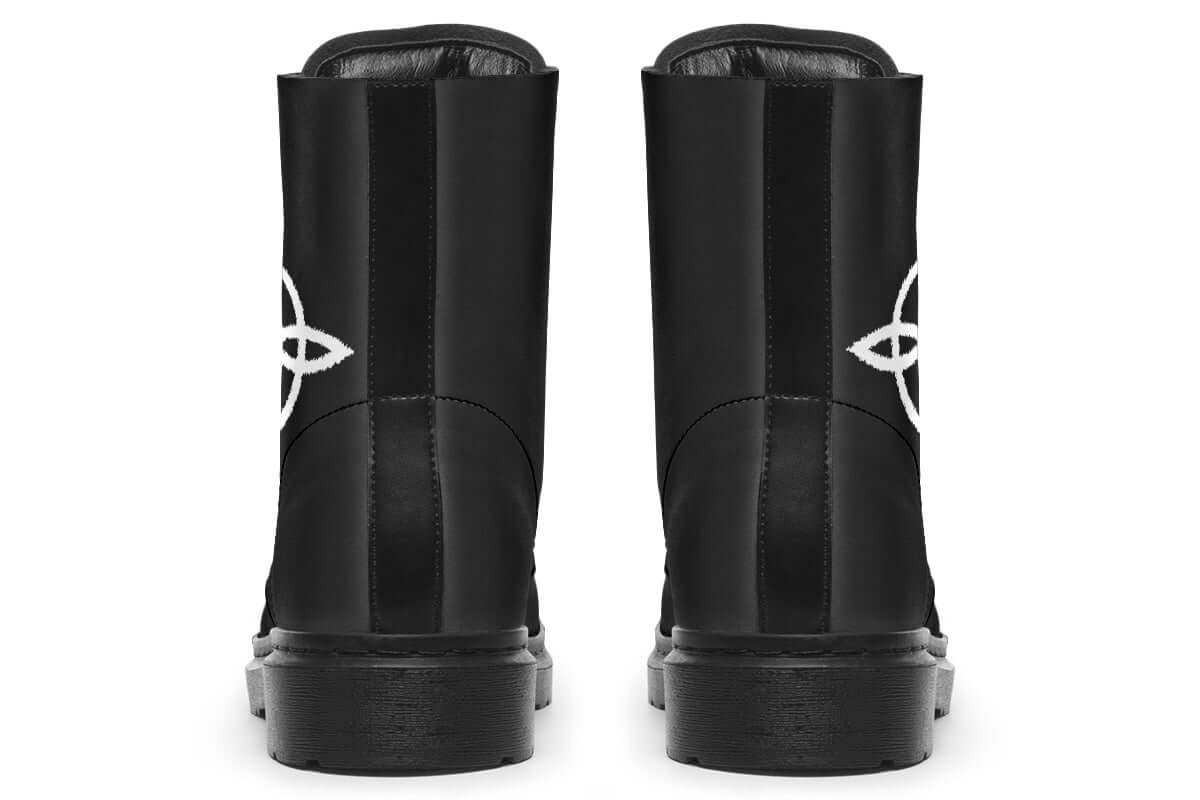 Black boots with a white logo on a white background