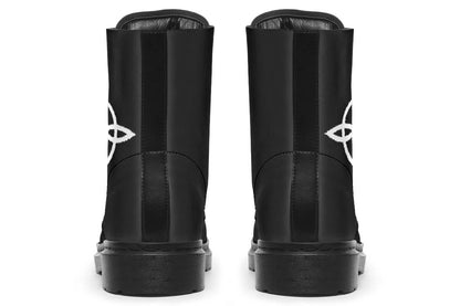 Black boots with a white logo on a white background