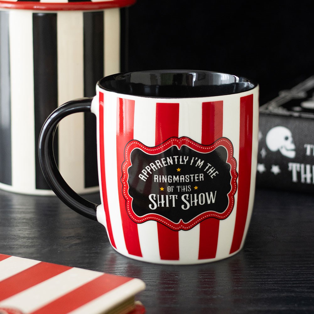 Gothic Gifts Mystic Circus Ringmaster Statement Mug with red circus stripe design
