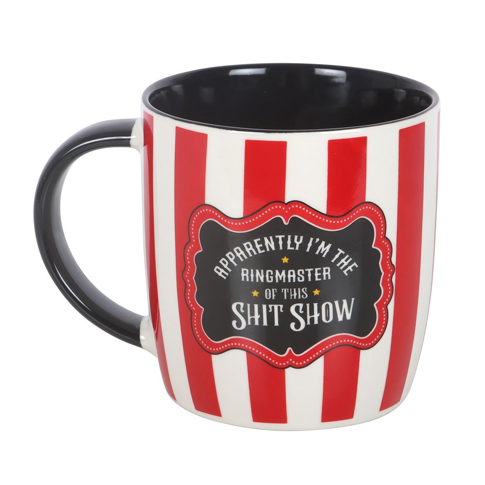 Gothic Gifts Mystic Circus Ringmaster Statement Mug with red circus stripe design