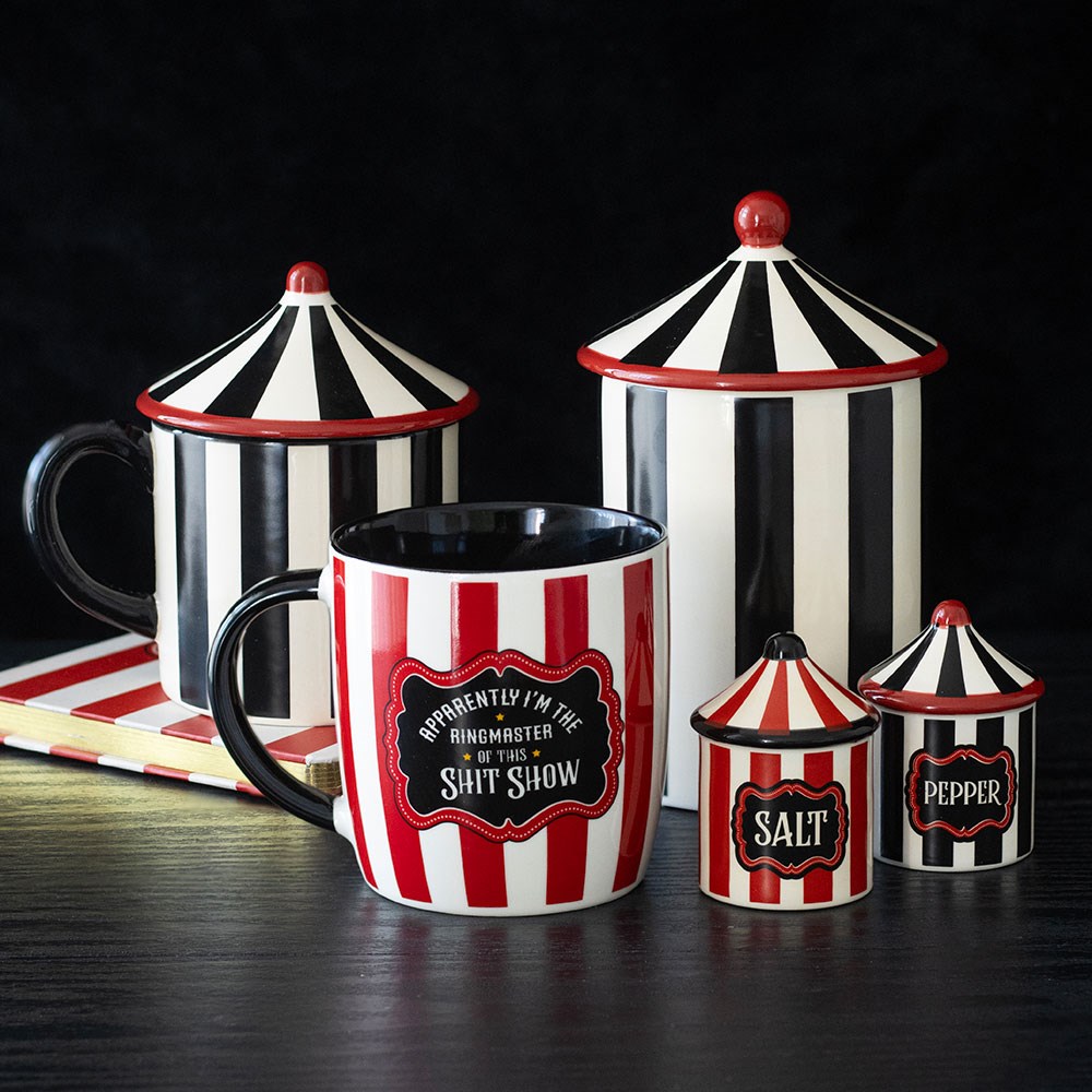 Gothic Gifts Mystic Circus Ringmaster Statement Mug with vintage circus stripes