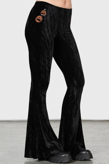 Killstar Collect your Wits Velour Flares with Embroidered Pumpkins - Kate's Clothing