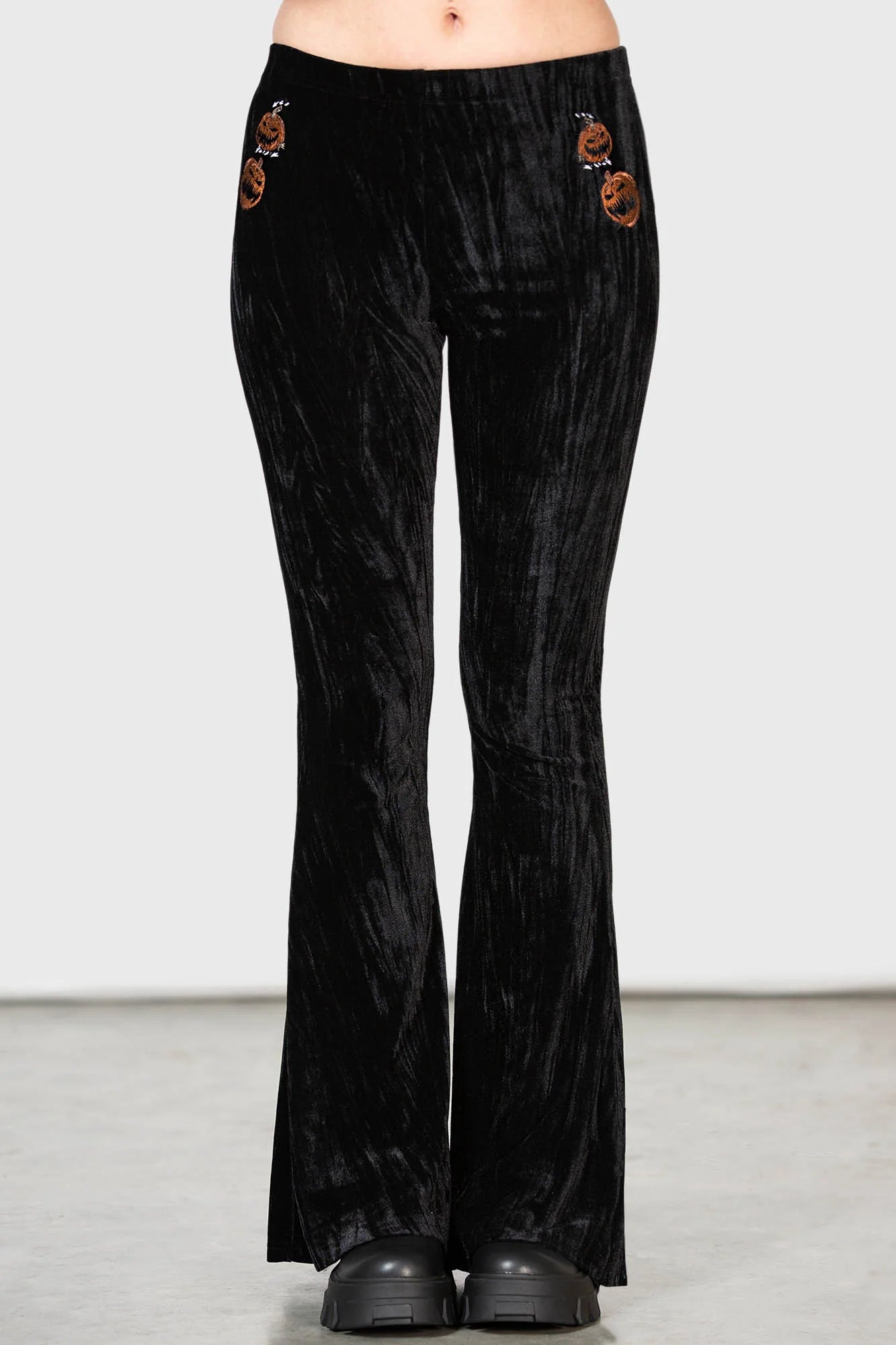 Killstar Collect your Wits Velour Flares with Embroidered Pumpkins - Kate's Clothing
