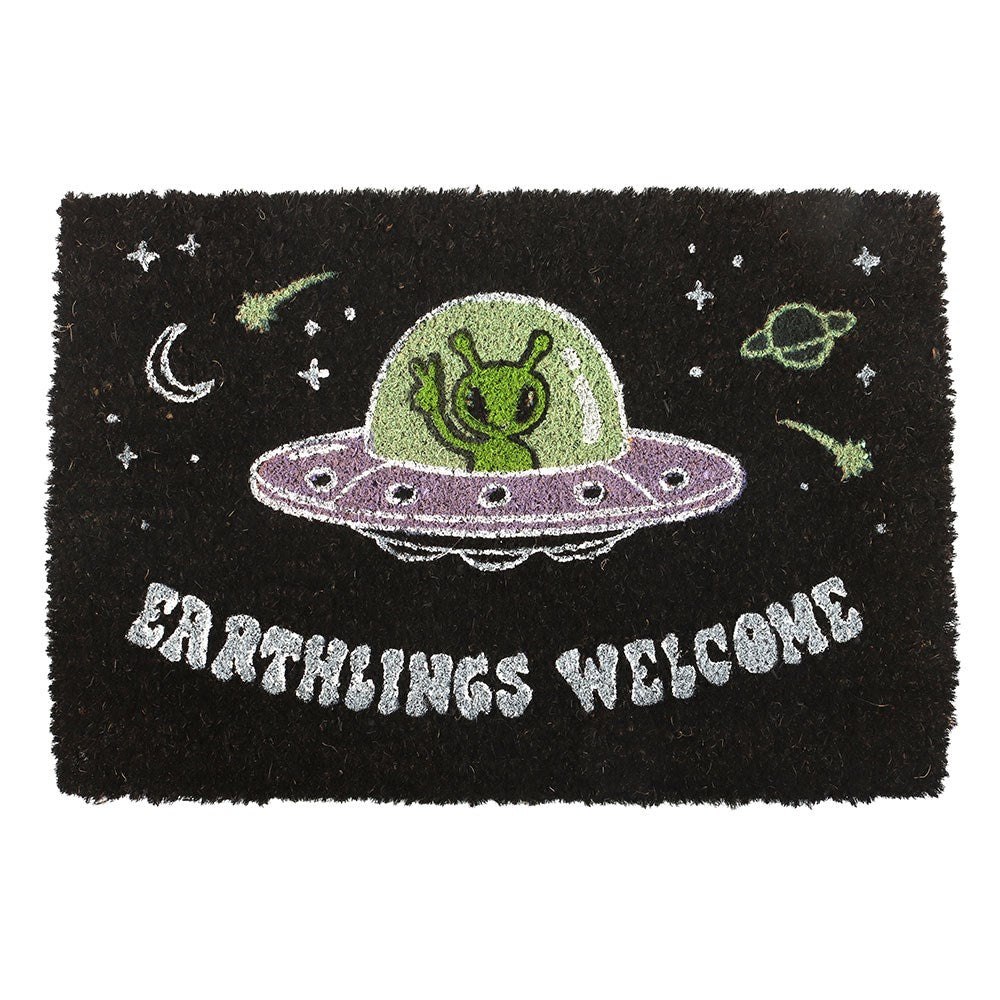 Gothic Gifts Earthlings Welcome Alien Doormat with playful green alien in a purple UFO on a black background.