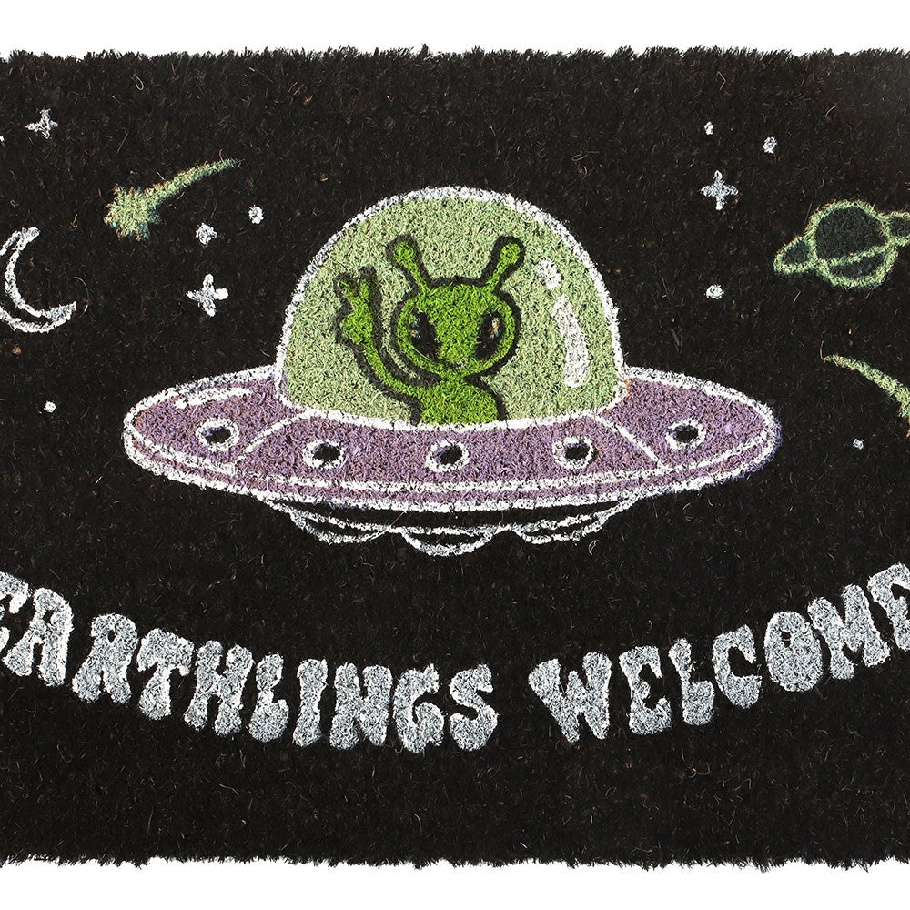 Alien Doormat featuring a smiling green alien in a flying saucer with Earthlings Welcome text.