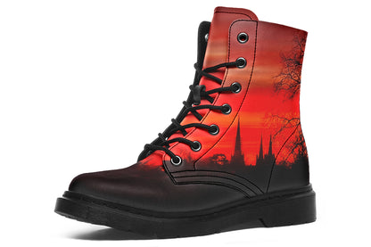 Lichfield cathedral boots with gothic tree silhouettes at twilight