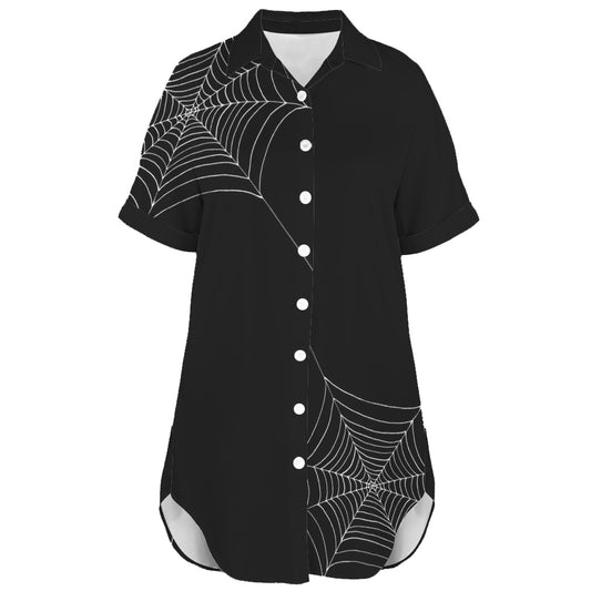 Front view of gothic shirt dress with cobweb print design
