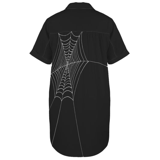 Back view of cobweb print shirt dress in black and white
