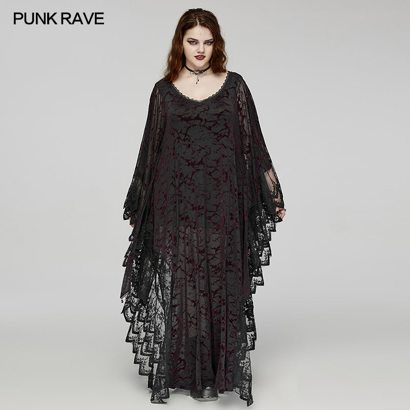 Punk Rave Plus Size Sabrina Black and Burgundy Bat Silhouette Dress - Kate's Clothing