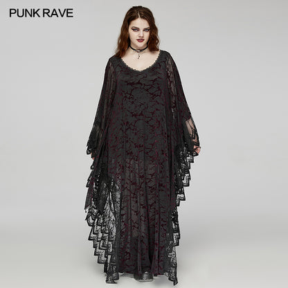 Punk Rave Plus Size Sabrina Black and Burgundy Bat Silhouette Dress - Kate's Clothing