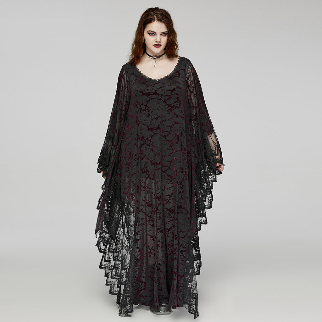 Punk Rave Plus Size Sabrina Black and Burgundy Bat Silhouette Dress - Kate's Clothing