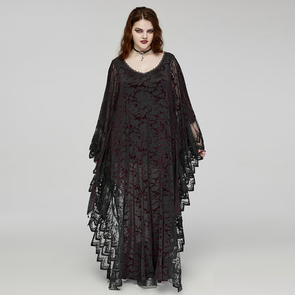 Punk Rave Plus Size Sabrina Black and Burgundy Bat Silhouette Dress - Kate's Clothing