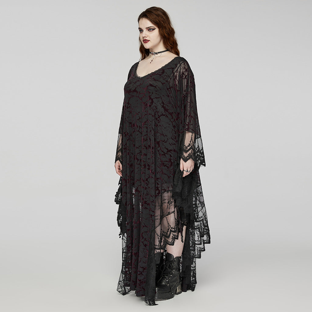 Punk Rave Plus Size Sabrina Black and Burgundy Bat Silhouette Dress - Kate's Clothing