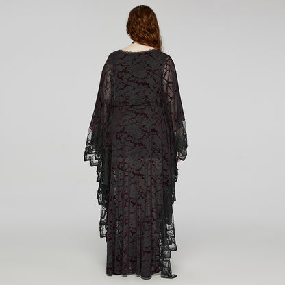 Punk Rave Plus Size Sabrina Black and Burgundy Bat Silhouette Dress - Kate's Clothing